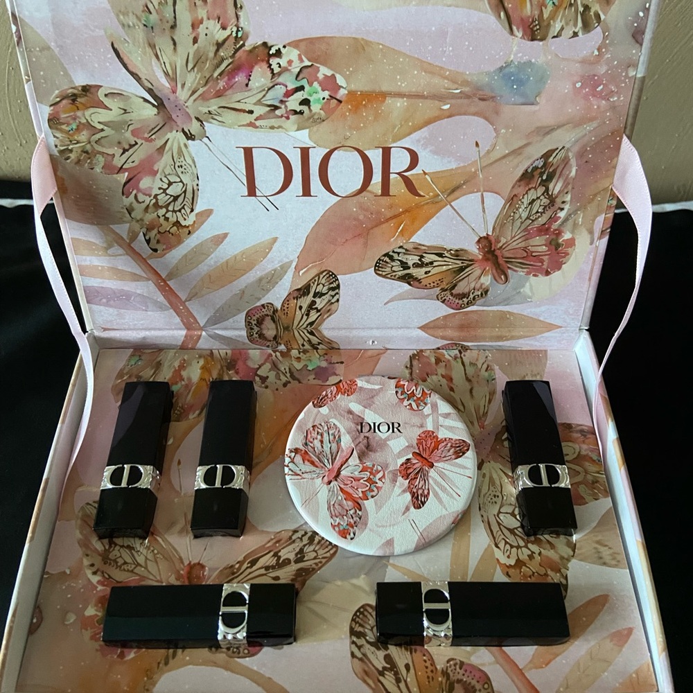 NWOT Dior Lipstick Set with Butterfly-Print Compact — Black & Pink Accents